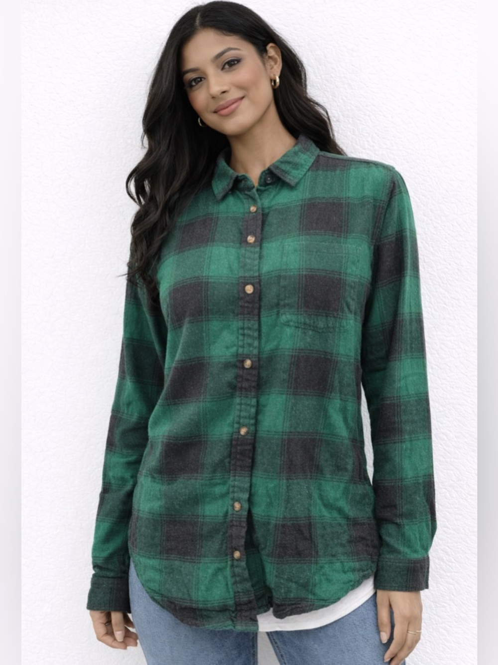 American Eagle‎ Outfitters Green Black Plaid Flannel Boyfriend Fit Shirt Medium